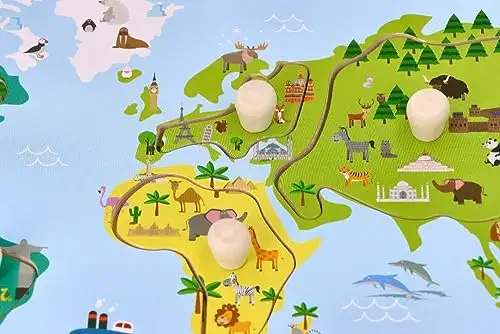 Holz-Steckpuzzle ab 1 Jahr, Weltkarte, Kinder - Holzpuzzle 6 Elemente - Am Griff herausziehbar - Sensorisches Spielzeug - Kontinente, Menschen der Welt — 11