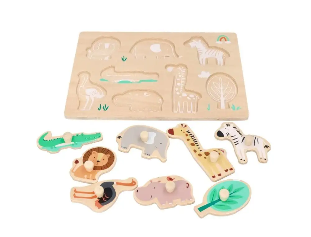 Holz-Steckpuzzle ab 1 Jahr, Tiere auf Safari, Kinder - Holzpuzzle 8 Elemente - Am Griff herausziehbar - Sensorisches Spielzeug - Exotische Tiere und Pflanzen