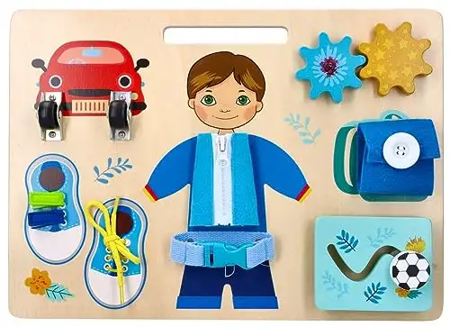Motorik-Spielzeug mit der Figur Adam, Busy Board, Activity Board aus Holz, für Kinder ab 3 Jahren - Lernspielzeug - Zum Aufhängen im Kinderbett - Bemaltes Holz mit vorstehenden Elementen — 5