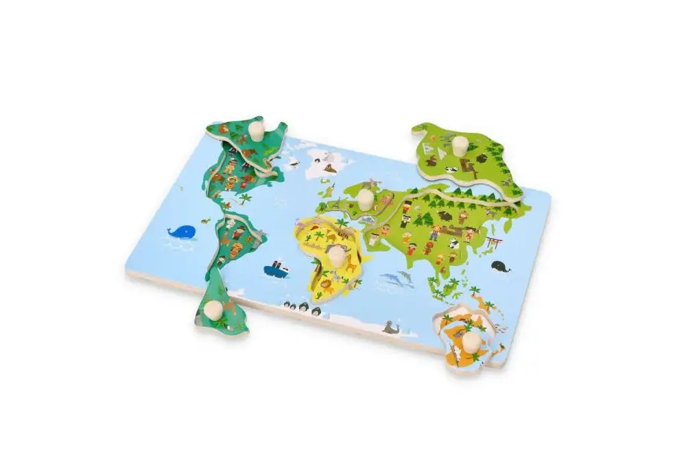 Holz-Steckpuzzle ab 1 Jahr, Weltkarte, Kinder - Holzpuzzle 6 Elemente - Am Griff herausziehbar - Sensorisches Spielzeug - Kontinente, Menschen der Welt