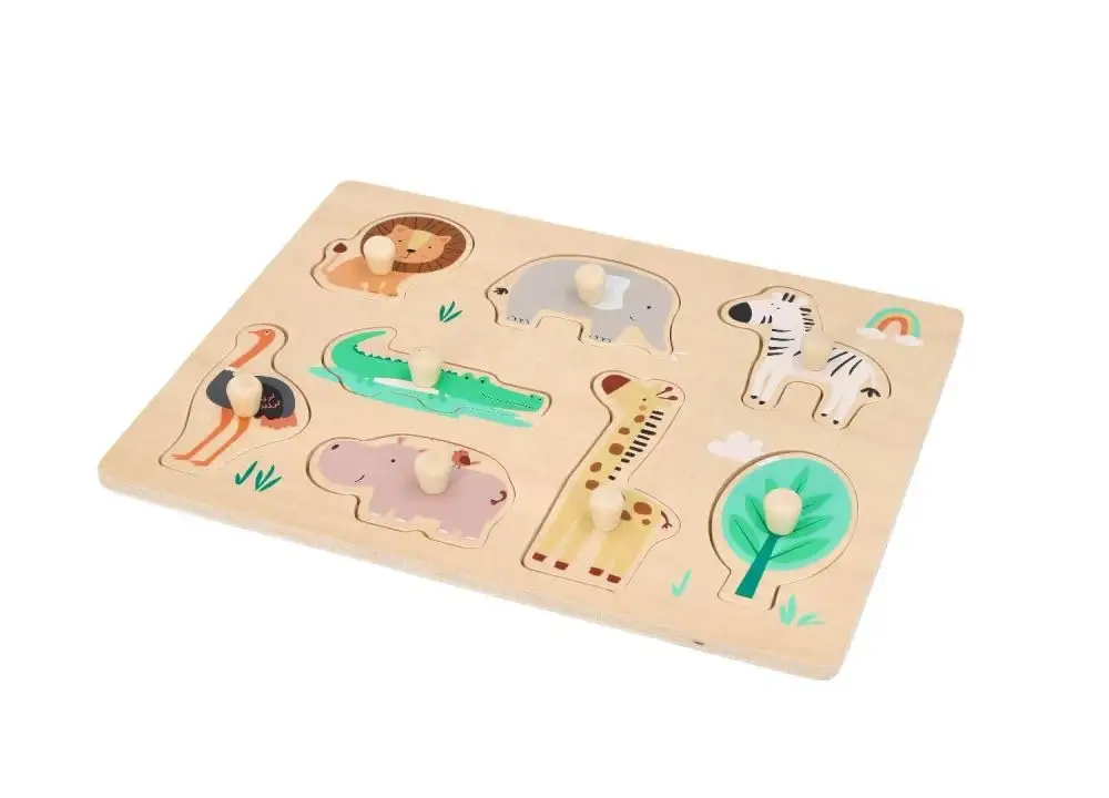 Holz-Steckpuzzle ab 1 Jahr, Tiere auf Safari, Kinder - Holzpuzzle 8 Elemente - Am Griff herausziehbar - Sensorisches Spielzeug - Exotische Tiere und Pflanzen — 10