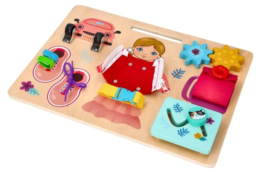 Motorik-Spielzeug mit der Figur Ania, Busy Board, Activity Board aus Holz, für Kinder ab 3 Jahren - Lernspielzeug - Zum Aufhängen im Kinderbett - Bemaltes Holz mit vorstehenden Elementen — 4