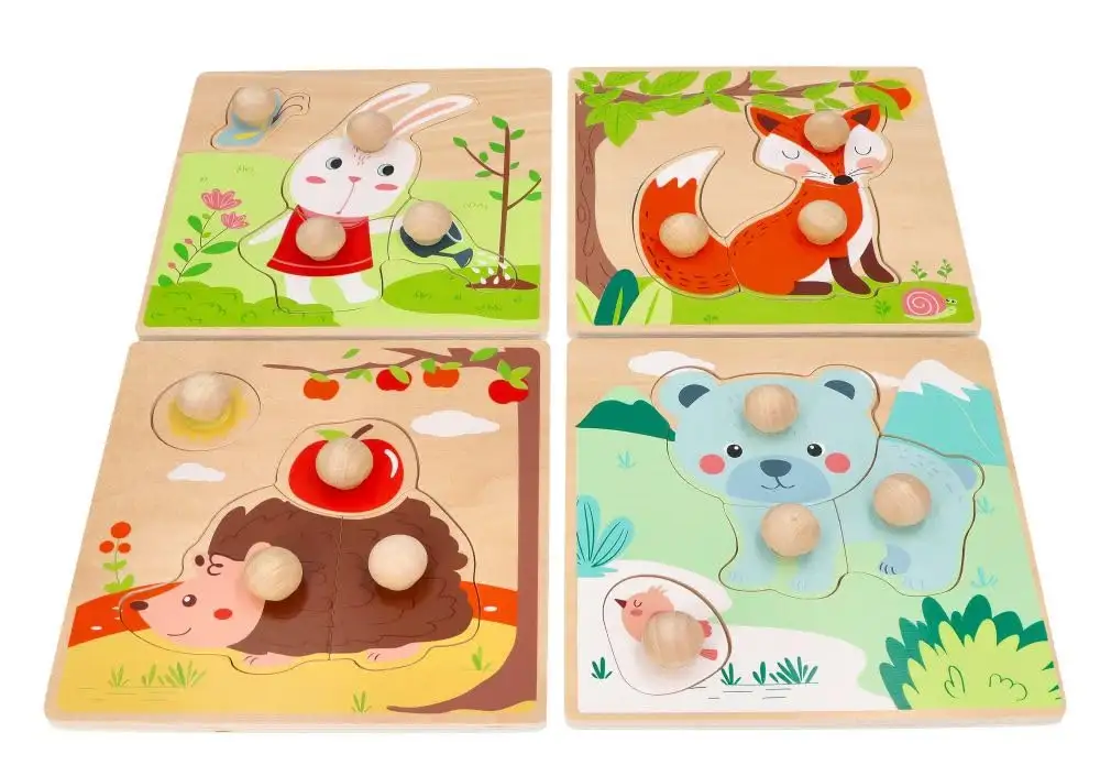 adam toys Holz-Steckpuzzle ab 1 Jahr, 4er Set, Kinder - Holzpuzzle, Thema Jahreszeiten, Tiere - Am Griff herausziehbar - Sensorisches Spielzeug - 3-4 Elemente pro Stück