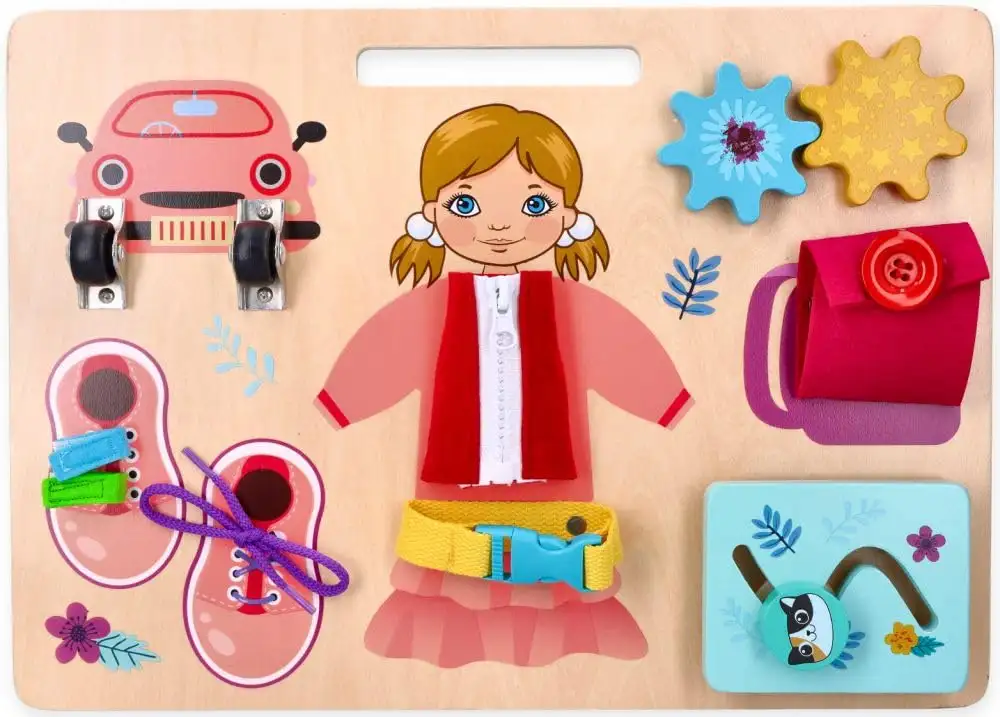 Motorik-Spielzeug mit der Figur Ania, Busy Board, Activity Board aus Holz, für Kinder ab 3 Jahren - Lernspielzeug - Zum Aufhängen im Kinderbett - Bemaltes Holz mit vorstehenden Elementen