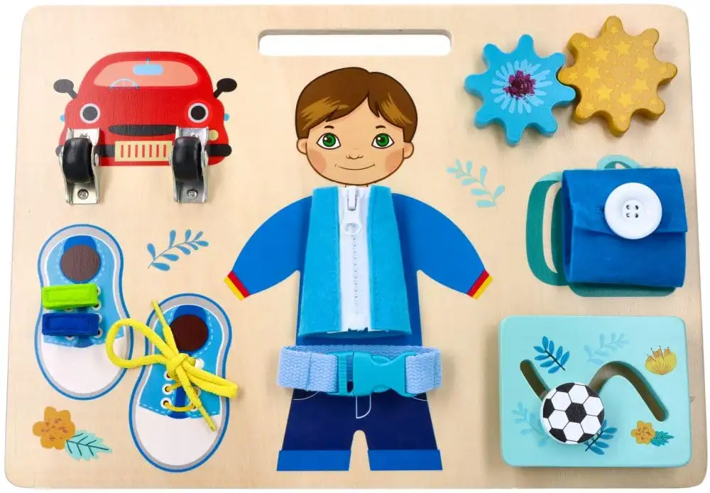 Motorik-Spielzeug mit der Figur Adam, Busy Board, Activity Board aus Holz, für Kinder ab 3 Jahren - Lernspielzeug - Zum Aufhängen im Kinderbett - Bemaltes Holz mit vorstehenden Elementen