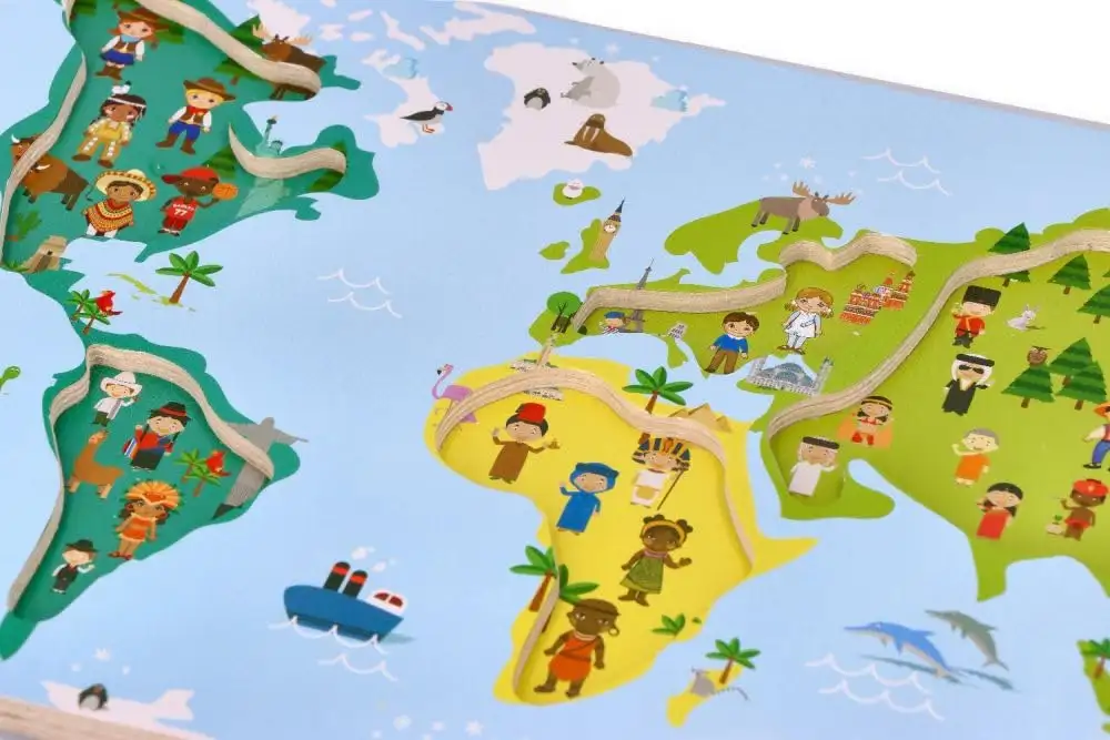 Holz-Steckpuzzle ab 1 Jahr, Weltkarte, Kinder - Holzpuzzle 6 Elemente - Am Griff herausziehbar - Sensorisches Spielzeug - Kontinente, Menschen der Welt — 4