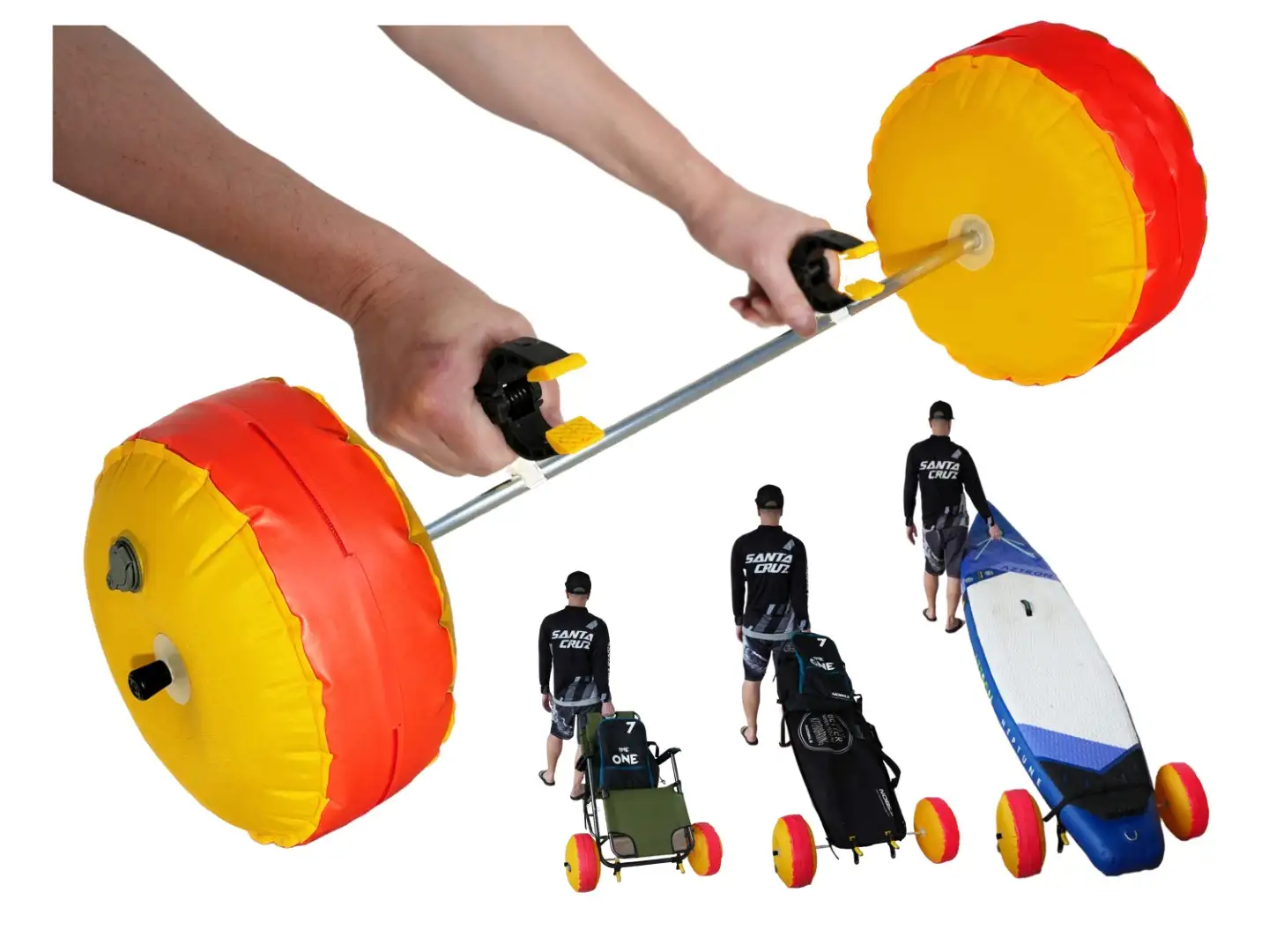 Strandwagen – leicht, aufblasbar, universell. Sie können es einfach an Alles befestigen und nach Gebrauch flach zusammenfalten. Der perfekte Begleiter