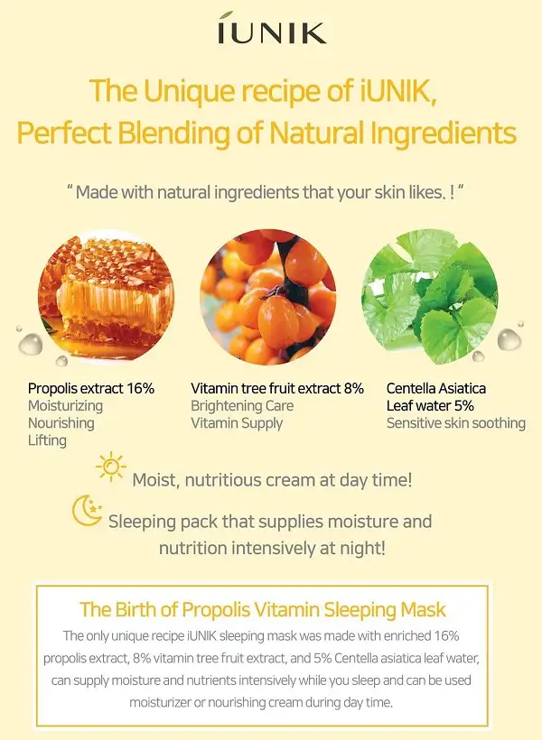 iUNIK Propolis Vitamin Sleeping Mask 60 ml - Nawilżająco-regenerująca maska do twarzy na noc — 4