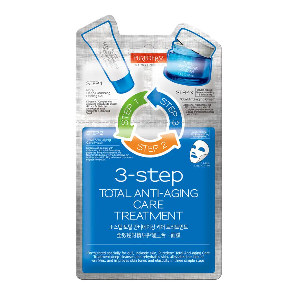 PUREDERM TOTAL ANTI-AGING Odmładzający 3-etapowy koreański zabieg na twarz, 1,5 g + 22 g + 1,5 g