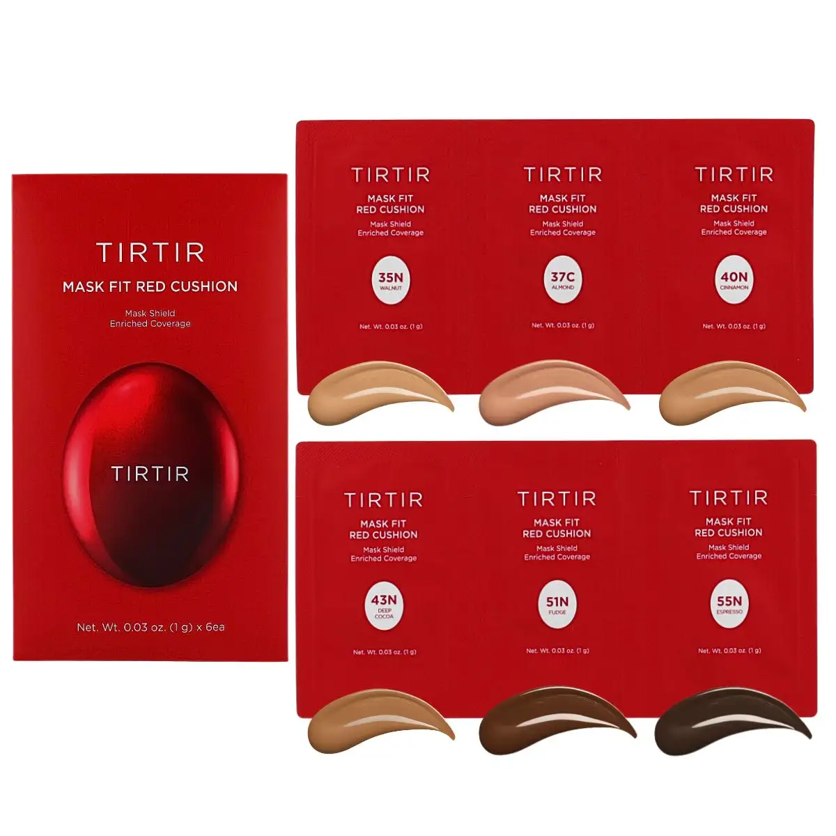 TIRTIR Mask Fit Red Cushion 6 Shade Trial Kit (35N/37C/40N,43N/51N/55N) - zestaw próbek (6x1g)