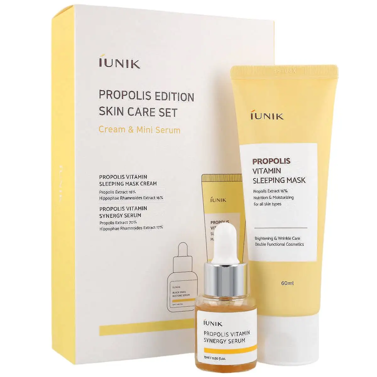 iUNIK SET Propolis Edition ( Propolis Sleeping Mask 60 ml + Propolis Serum 15 ml) - Zestaw propolisowy do pielęgnacji twarzy