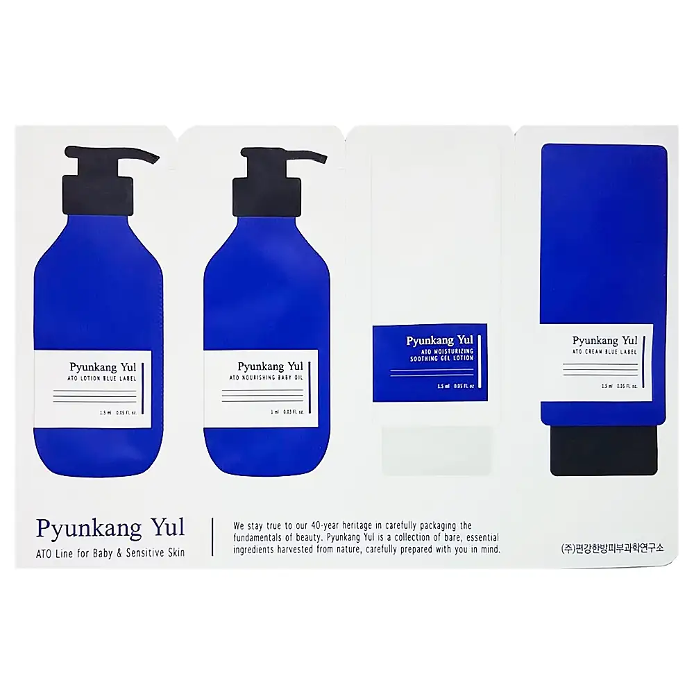 Pyunkang Yul Ato Sample Pouch (Ato Cream Blue Label + Ato Moisturizing Soothing Gel Lotion + Ato Nourishing Baby Oil + Ato Lotion Blue Label) – Zestaw próbek kosmetyków